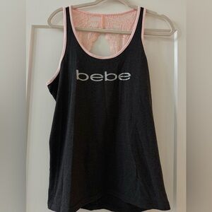 Y2K Bebe Lace Back Tank Top Pink Black Logo Coquette Cami Size L